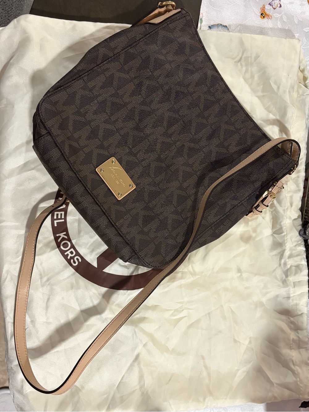 Michael Kors Brown Signature MK Crossbody with Tan Strap